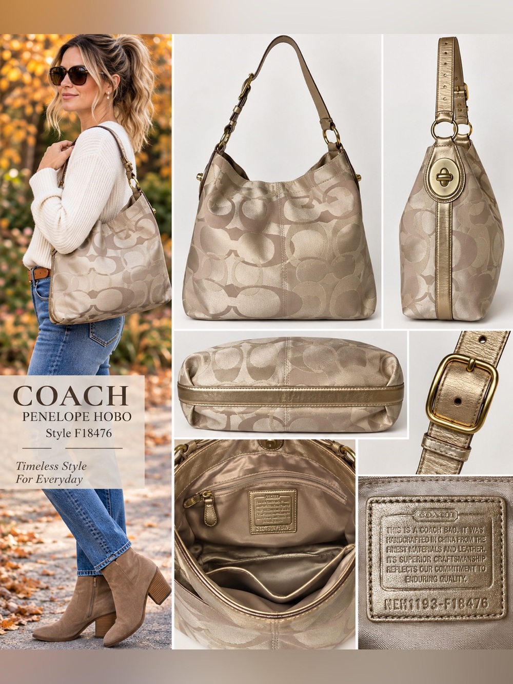 Coach Penelope Hobo F18476 Gold Optic Art Signature Shoulder Bag